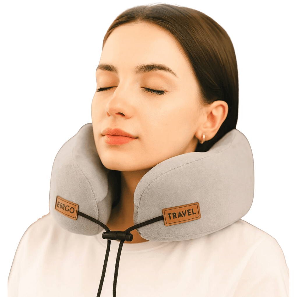 Kobieta z szarą poduszka podróżna COZY.